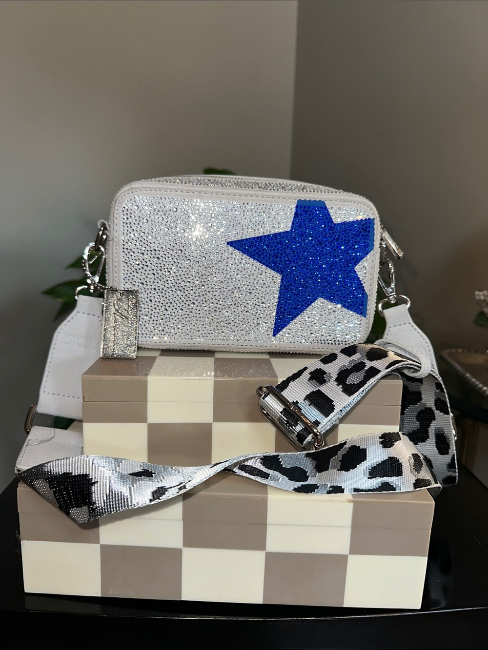 Vintage Havana Silver Glitter Crossbody with Blue Star Accent NWOT